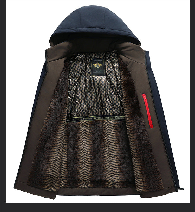 Middle-aged and elderly cotton-padded jacket 2024 winter middle-aged men's fleece-lined hooded jacket business leisure warm cotton-padded jacket