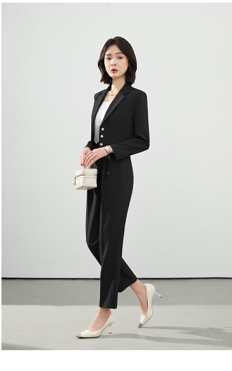 Cross-Border Gray Suit Set for Women, Spring and Autumn Short Style Professional Formal Wear, Hotel Front Desk Long-Sleeve Workwear Blazer