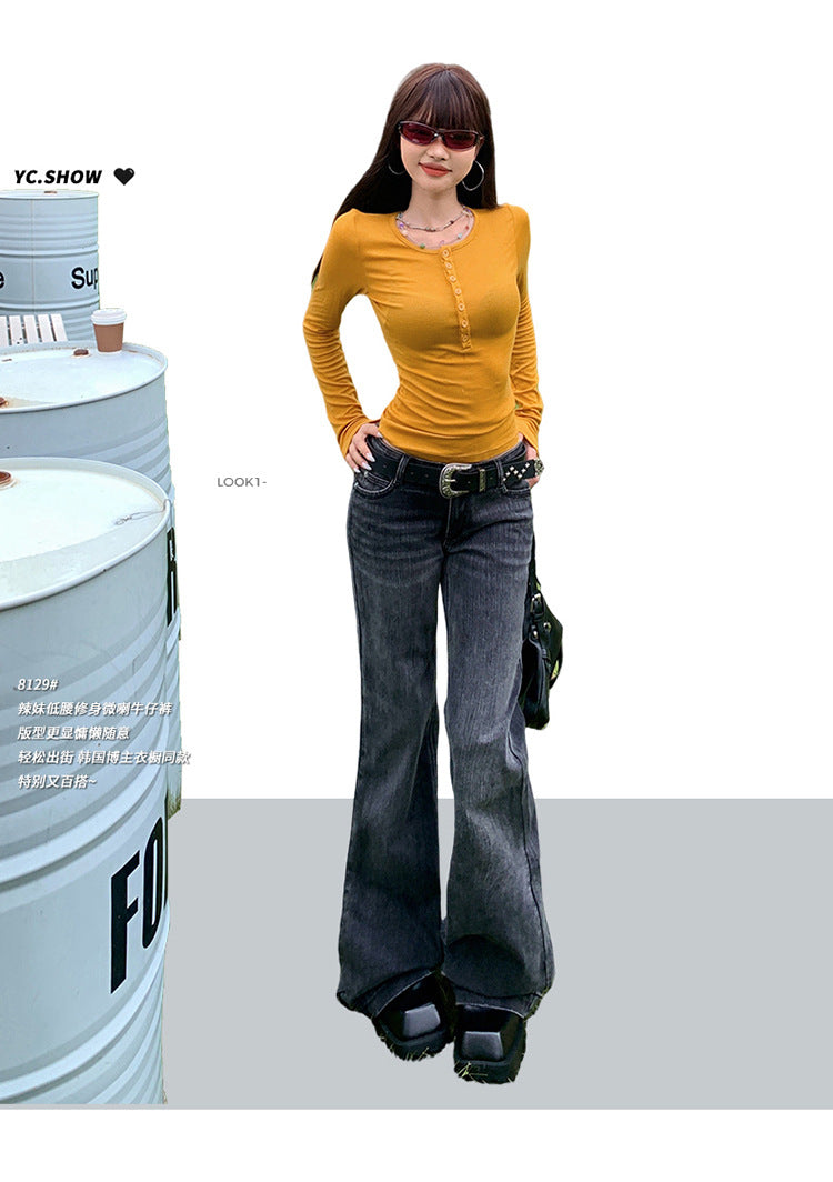 American Style Black and Gray Low-Waist Bootcut Jeans for Women 2025 Autumn and Winter New Sexy Elastic Slimming Look Versatile Bell-Bottom Pants
