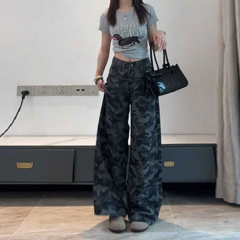 American-Style Plus-Size Camouflage Wide-Leg Jeans for Women, Designed for Petite Pear-Shaped Figures, Loose Casual Straight-Leg Pants