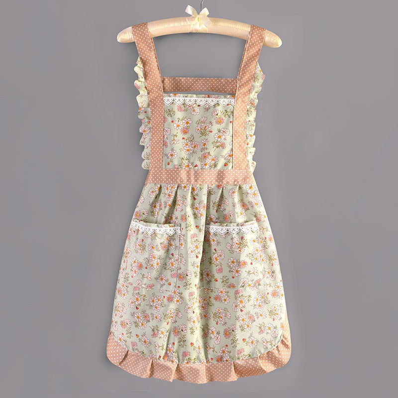 Factory Direct Sales New Kitchen Household Cooking Canvas Cotton Apron Lace Cute Hand-Wipeable Suspenders Pure Cotton for Women