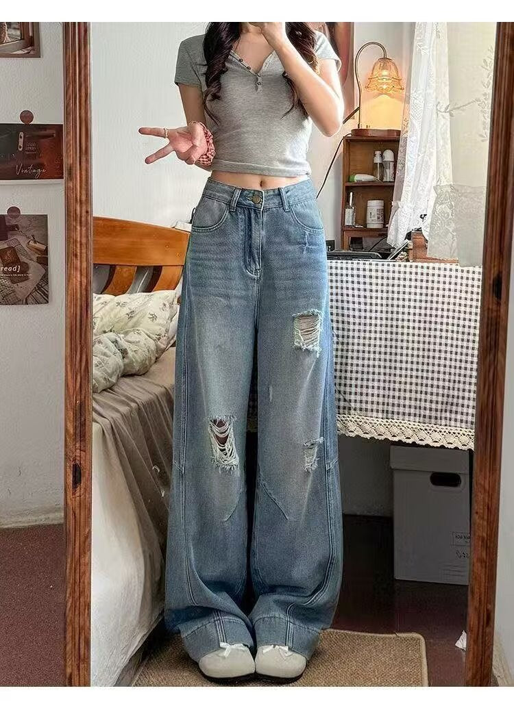 American Style Ripped Jeans for Women, Autumn New Plus-Size High-Waisted Pear-Shaped Figure Slimming Loose Wide-Leg Pants