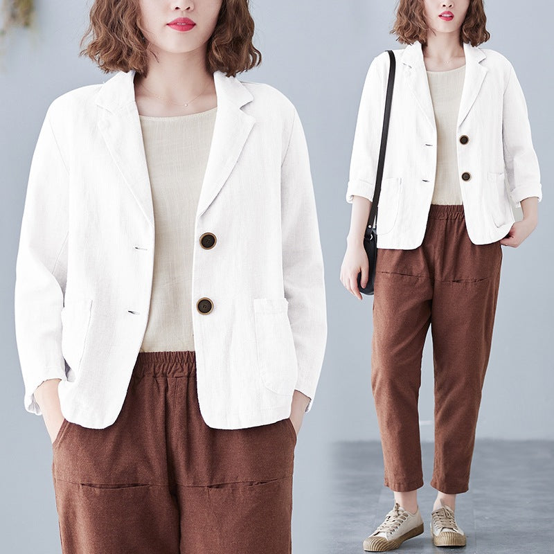 2025 Real Shot of New Cotton and Linen Retro Literary Loose Versatile Casual Long-Sleeved Button-Down Small Suit Short Jacket for Women