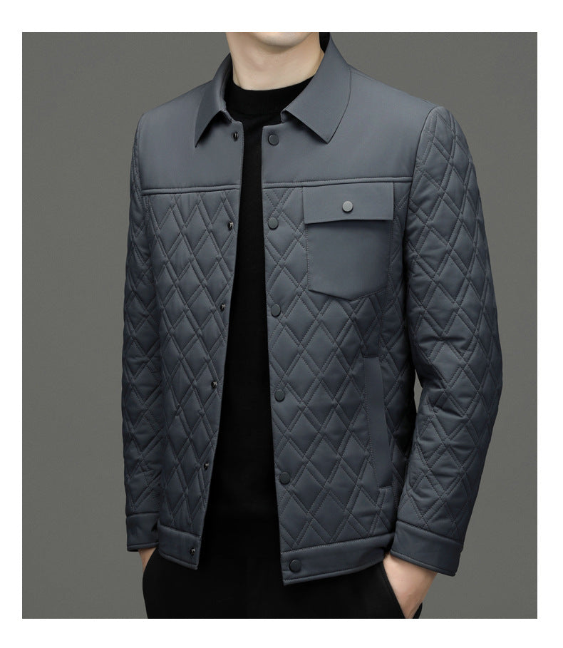 High-end men's mulberry silk cotton-padded coat business casual plaid middle-aged lightweight cotton-padded jacket autumn and winter men's lapel cotton-padded coat