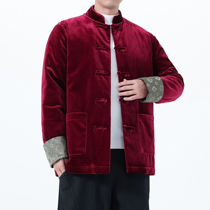 Winter Chinese-Style Tang Suit Jacket for Men, Corduroy Cotton Coat, Retro Thickened Cotton Clothing, Chinese-Style Button Cotton-Padded Jacket, Hanfu