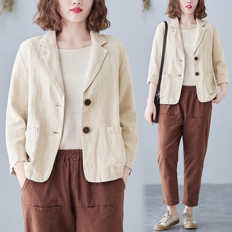 2025 Real Shot of New Cotton and Linen Retro Literary Loose Versatile Casual Long-Sleeved Button-Down Small Suit Short Jacket for Women