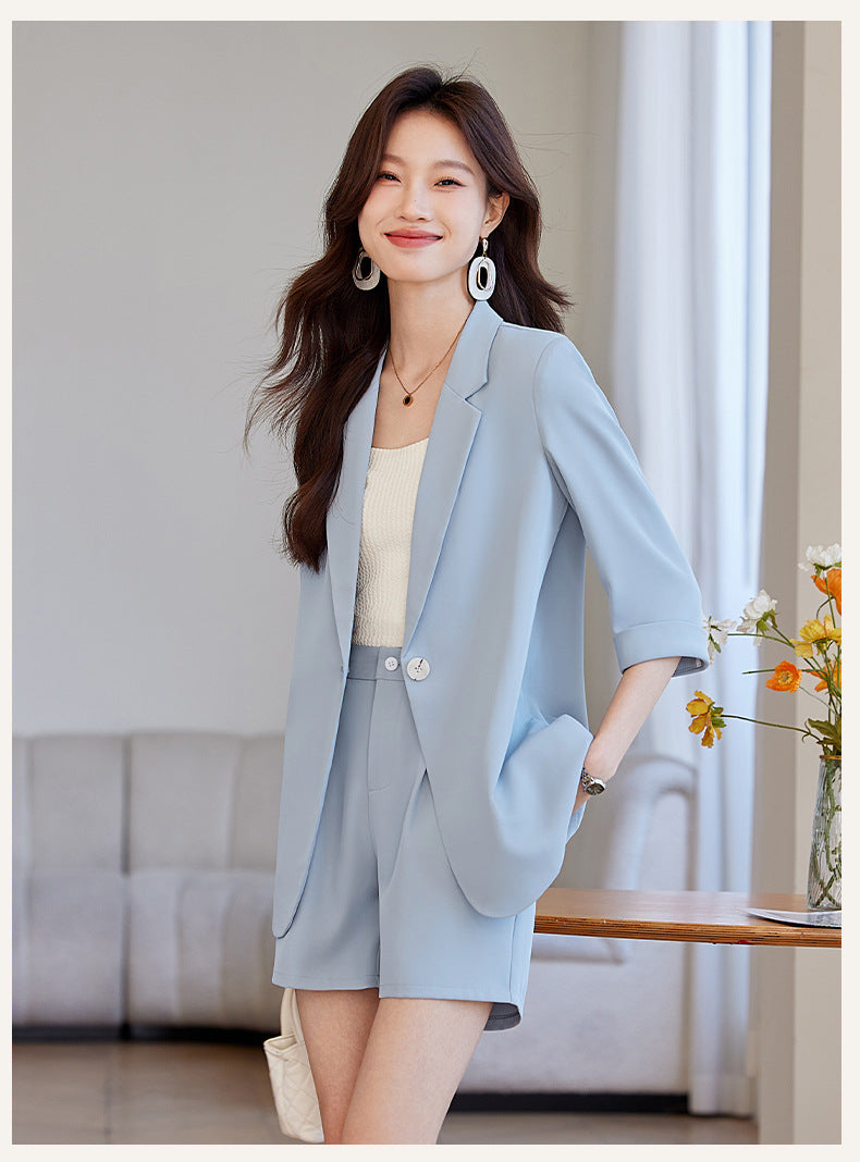 Blue Mid-Sleeve Chiffon Suit Jacket for Women 2025 New Summer Thin Style Fashionable High-End Shorts Suit