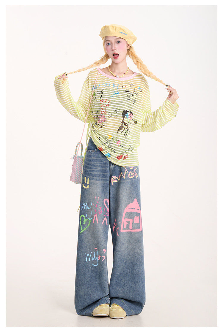 American Graffiti Print Jeans for Women, Trendy Retro Washed Straight Pants, Loose Casual Drape Versatile Casual Pants