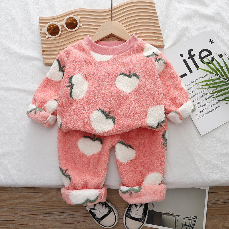 Free Shipping Yukids Kidsren's Autumn and Winter Home Clothes Set for Men and Women Baby Flannel Fruit Warm Two-Piece Set