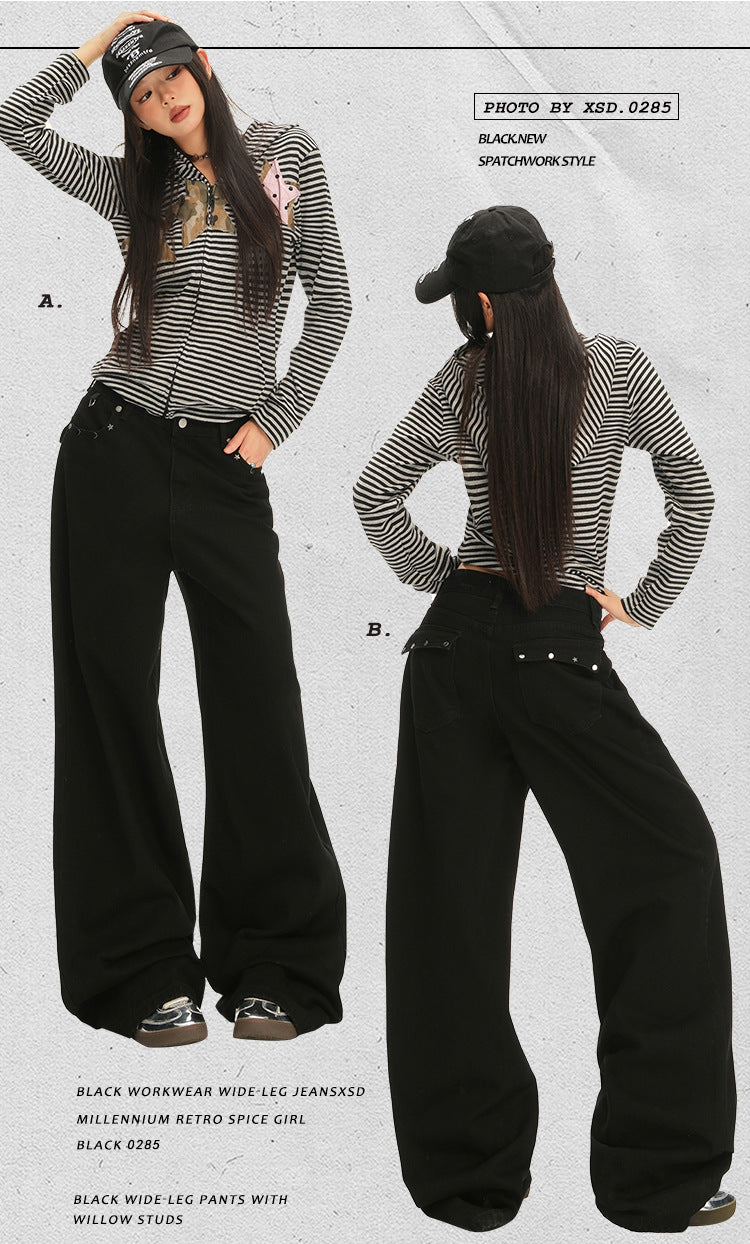 American Retro Pocket Design Black High-Waisted Wide-Leg Pants for Women, New Autumn Loose Drape Slimming Jeans for Women