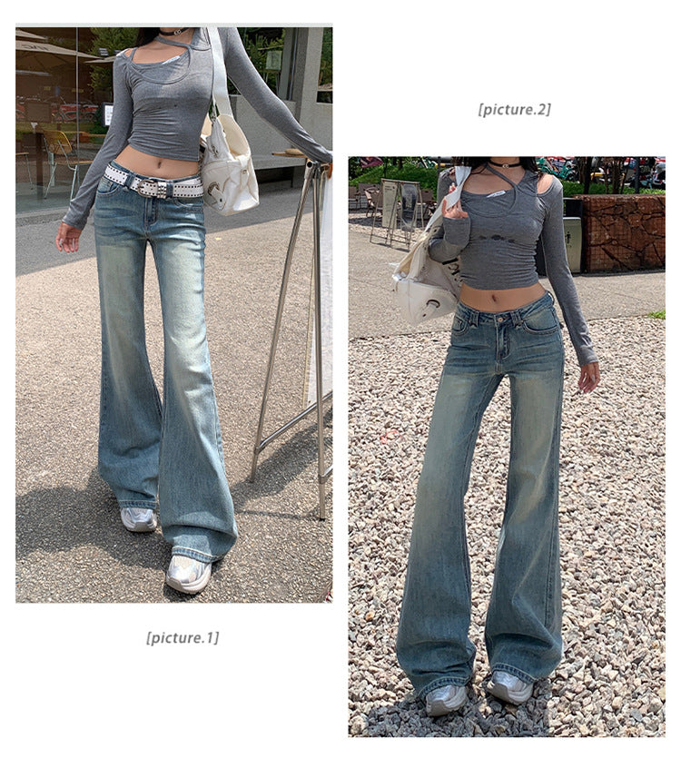 American Hot Girl Washed Retro Slim Jeans for Women Early Autumn New Versatile Fashionable and Comfortable Low-Waist Micro-Flared Pants