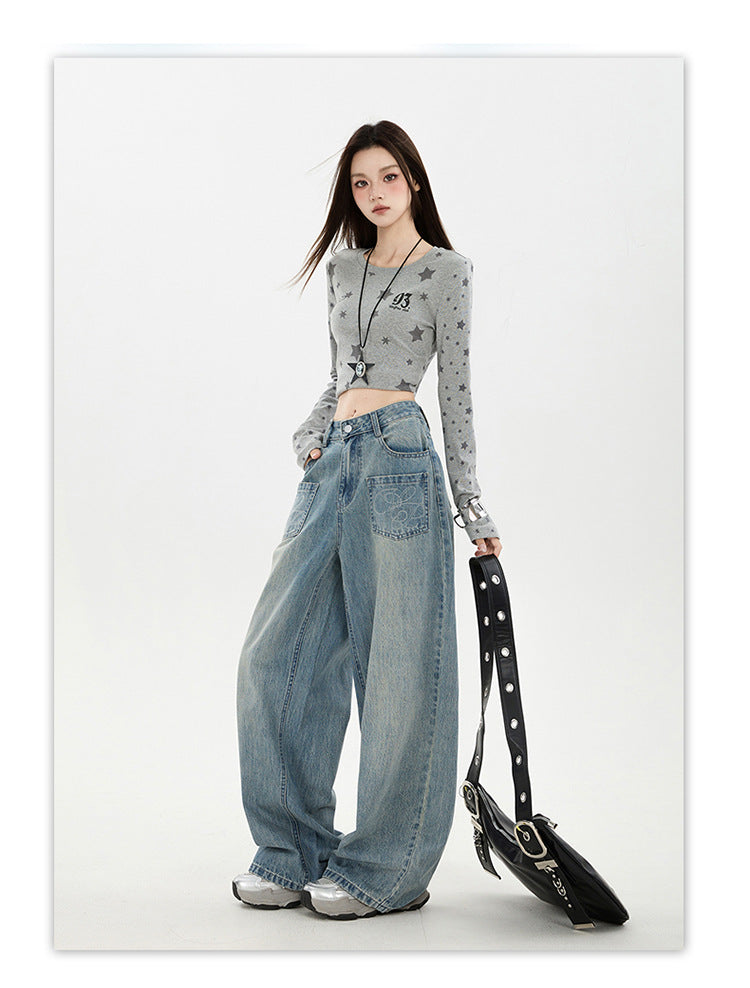 Raccoon House # American Retro Design Embroidered Jeans for Women 2025 Autumn New High-Waisted Loose Wide-Leg Pants Trendy