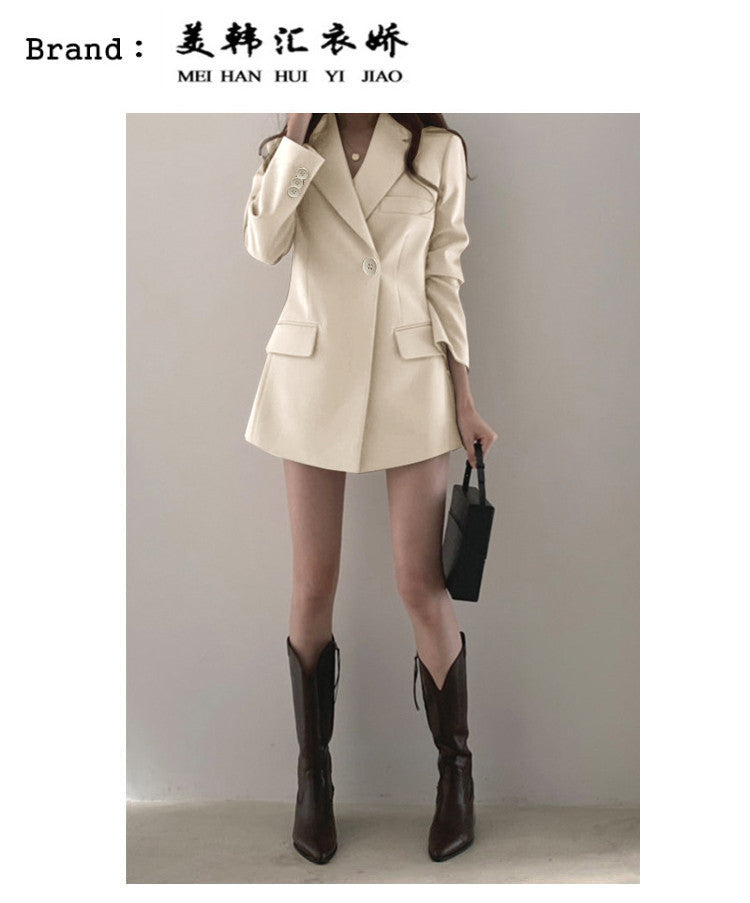 khaki Suit Jacket Women's Spring and Autumn Korean-style Ins Hong Kong-style Retro Top Tight Waist Slimming Mid-length Small Suit