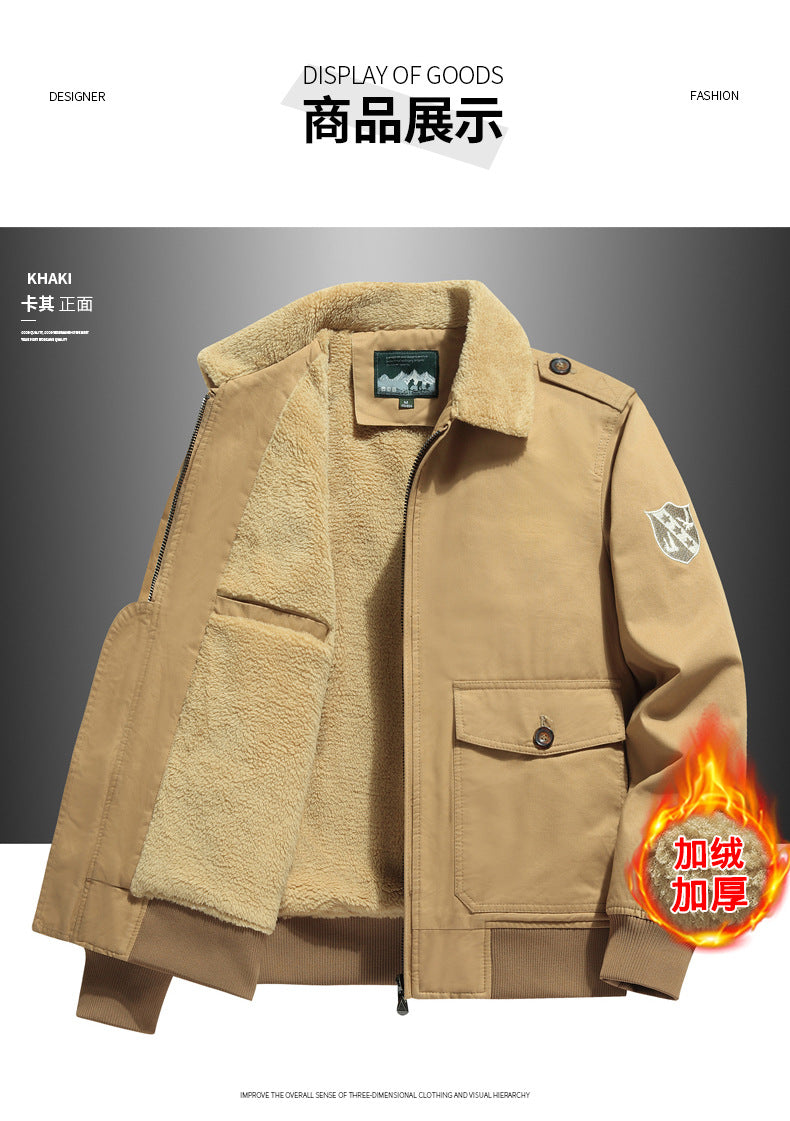 New Lamb Wool Jacket Men's Winter Thickened Wool Collar fleece-lined Overalls Cotton-padded Jacket Men's Jacket Casual Cotton-padded Jacket Aviator