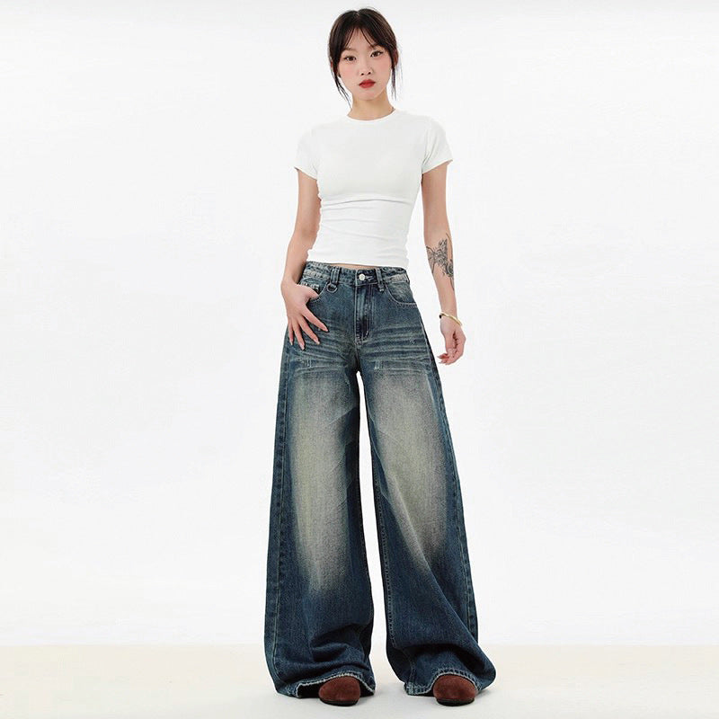 American-Style Blue Plus-Size Loose Wide-Leg Jeans for Women, 2026 Spring/Summer New High-Waisted Slimming Versatile Fashion Pants
