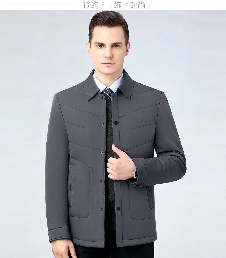 2025 Winter Mulberry Silk Men's Cotton Jacket with Turn-Down Collar, Quilted Middle-Aged Business Casual Cotton Coat for Dad