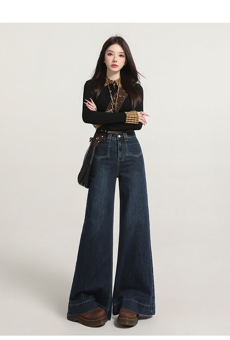 Retro American Style Denim Blue Flared Jeans for Women 2025 Autumn New Slimming Versatile Bootcut Pants