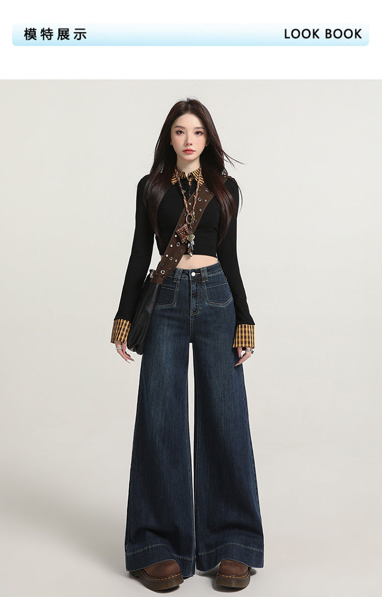 Retro American Style Denim Blue Flared Jeans for Women 2025 Autumn New Slimming Versatile Bootcut Pants