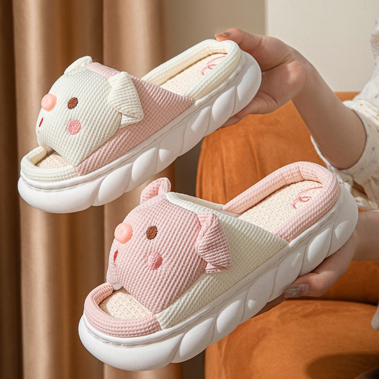 Cross-border Foreign Trade Tail Pig Cute Men and Women Couple Universal Open Toe Linen Cotton Linen Slippers