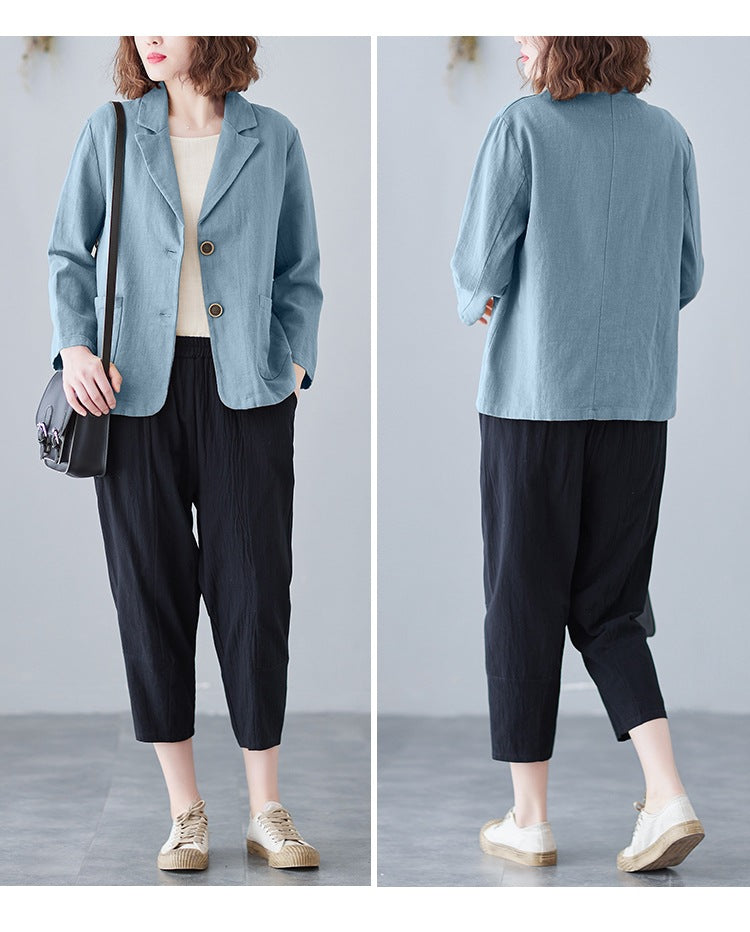 2025 Real Shot of New Cotton and Linen Retro Literary Loose Versatile Casual Long-Sleeved Button-Down Small Suit Short Jacket for Women