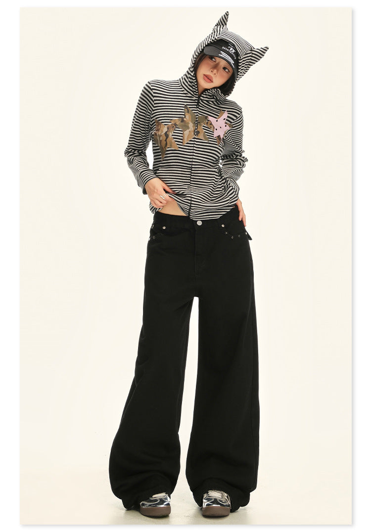 American Retro Pocket Design Black High-Waisted Wide-Leg Pants for Women, New Autumn Loose Drape Slimming Jeans for Women