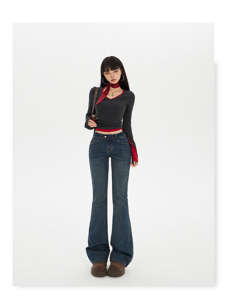 American Hot Girl Low-Waist Bootcut Jeans for Women 2025 Autum New Slim Fit Elastic Slimming Look Horseshoe Flared Pants