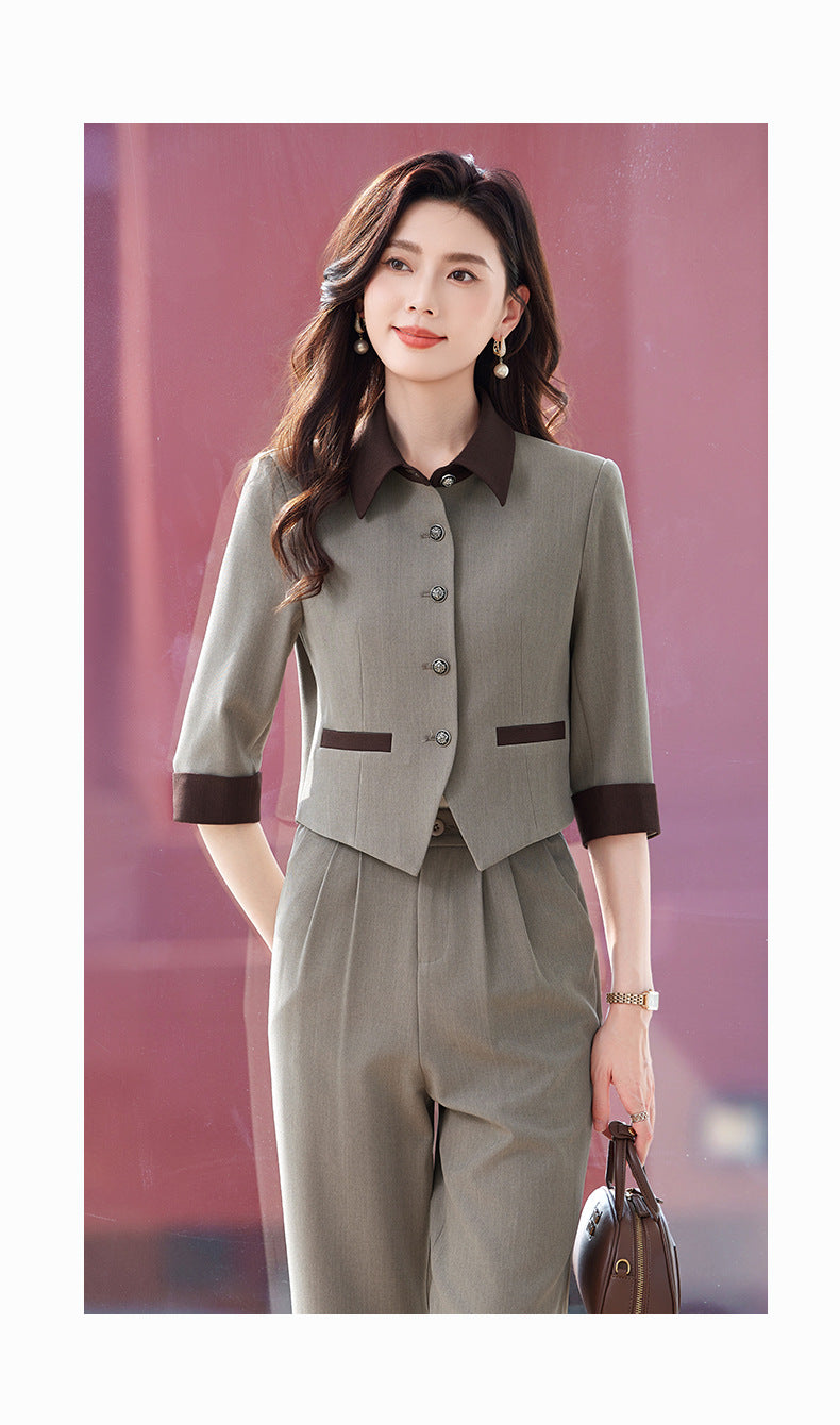 Tweed Style Splicing Jacket with Metal Buckle for Women Spring and Summer New High-End Fashion Doll Collar Elegant Three-Quarter Sleeve Suit