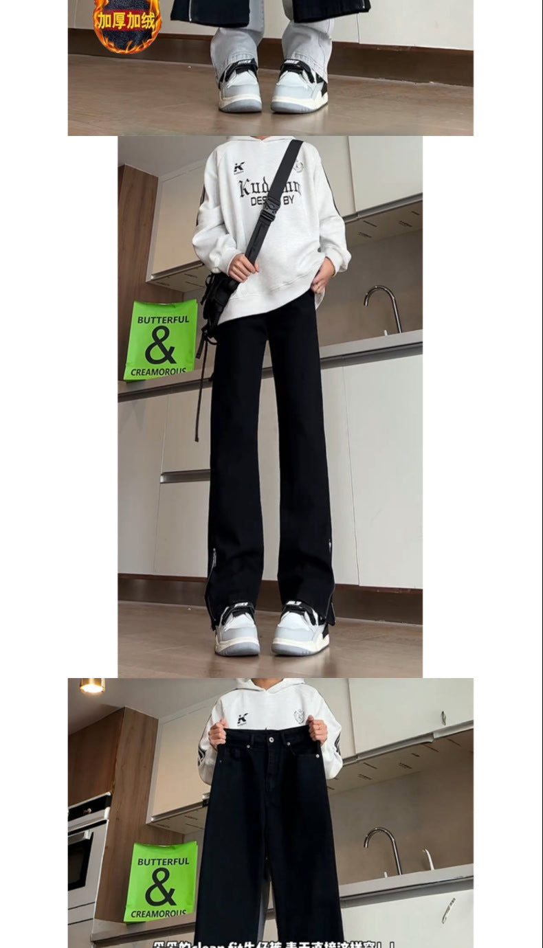 Cleanfit Side Zipper Bootcut Jeans for Men and Women American High Street Fleece-Lined Autumn and Winter Straight Slim Scimitar Pants