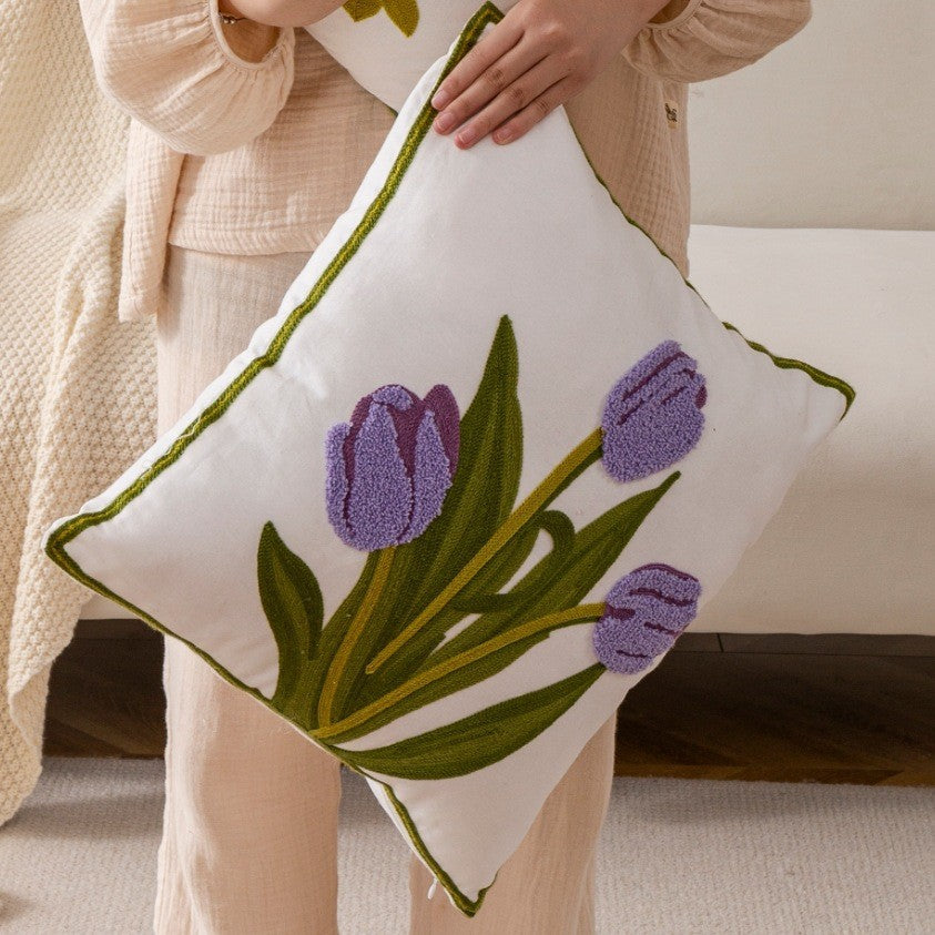 Nordic Towel Embroidered Embroidered Embroidered Pillow Living Room Cream Sofa Cushion Flower Model Room Bay Window Cushion Cover
