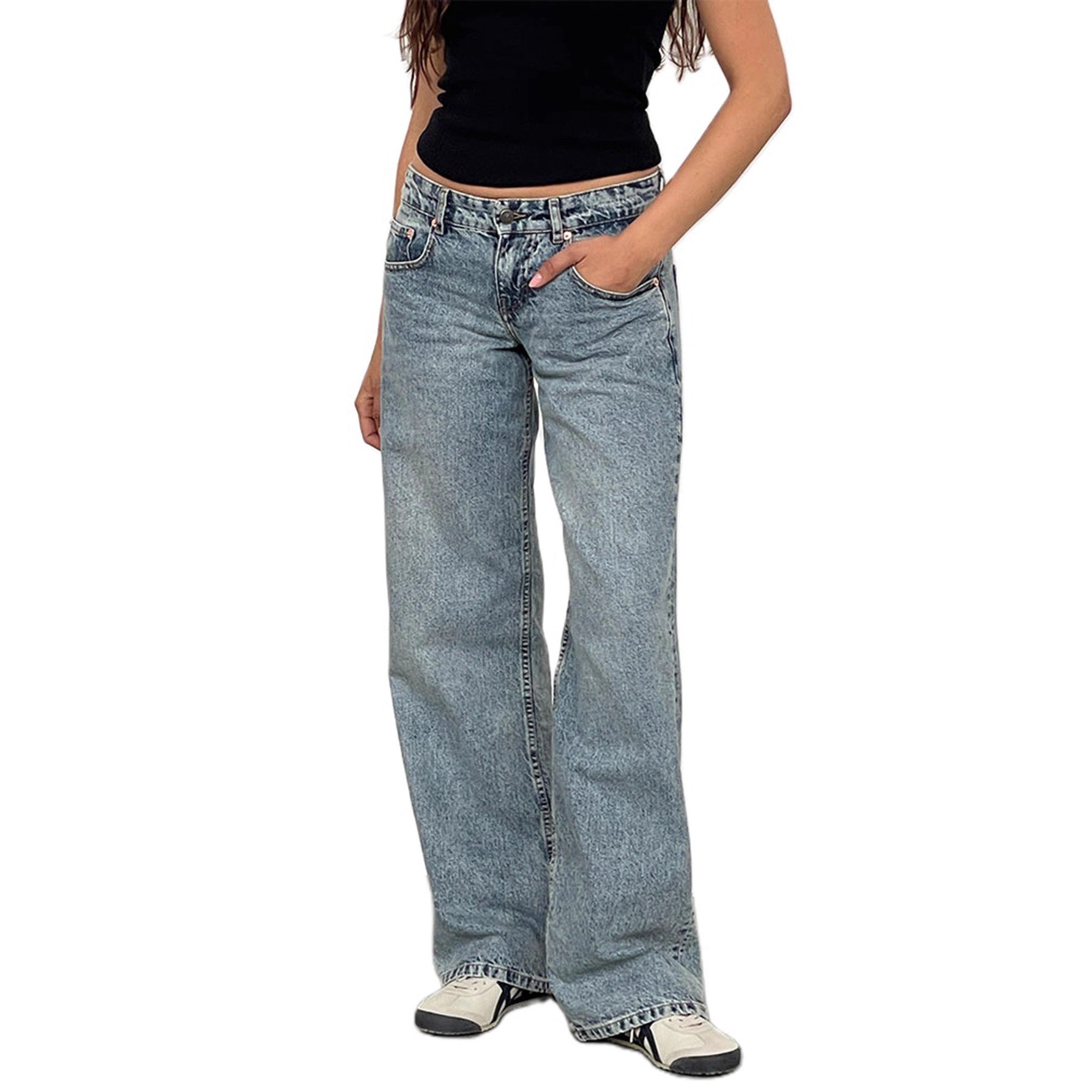 Amazon AliExpress TEMU New Cross-border Special for High Quality European and American Women Straight Tube Micro Horn Denim Pants