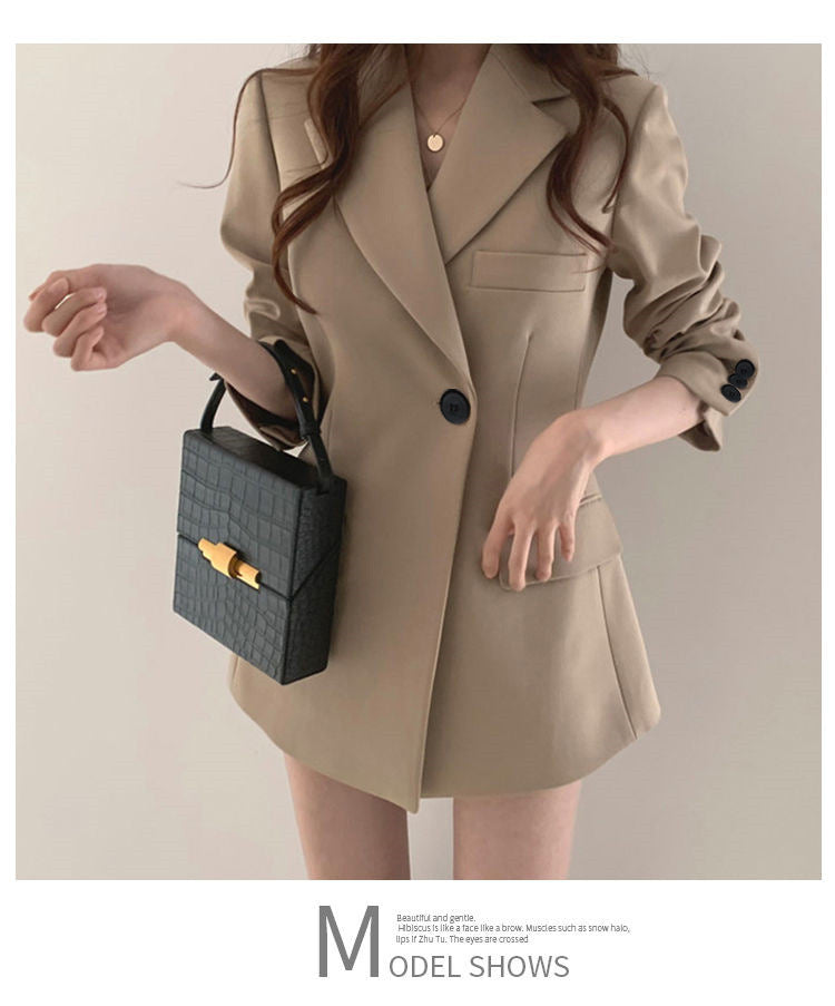khaki Suit Jacket Women's Spring and Autumn Korean-style Ins Hong Kong-style Retro Top Tight Waist Slimming Mid-length Small Suit