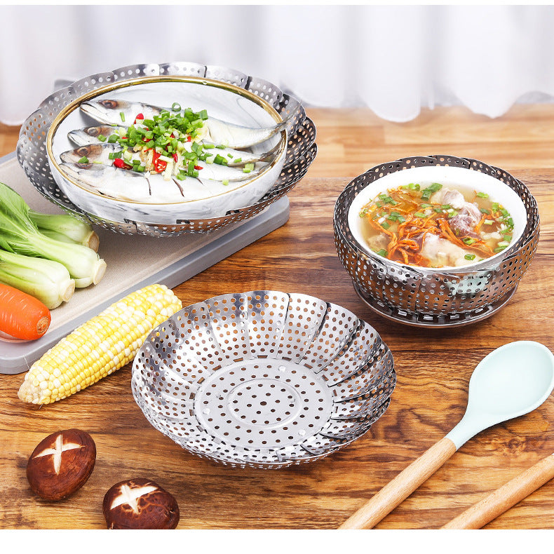 A generation of extra thick stainless steel retractable steamer plate foldable fruit plate kitchen steamer cage artifact