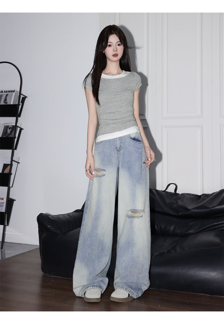 Spring and Autumn Design Retro Versatile Light Blue Ripped Jeans for Women American Style Loose High-Waisted Wide-Leg Pants
