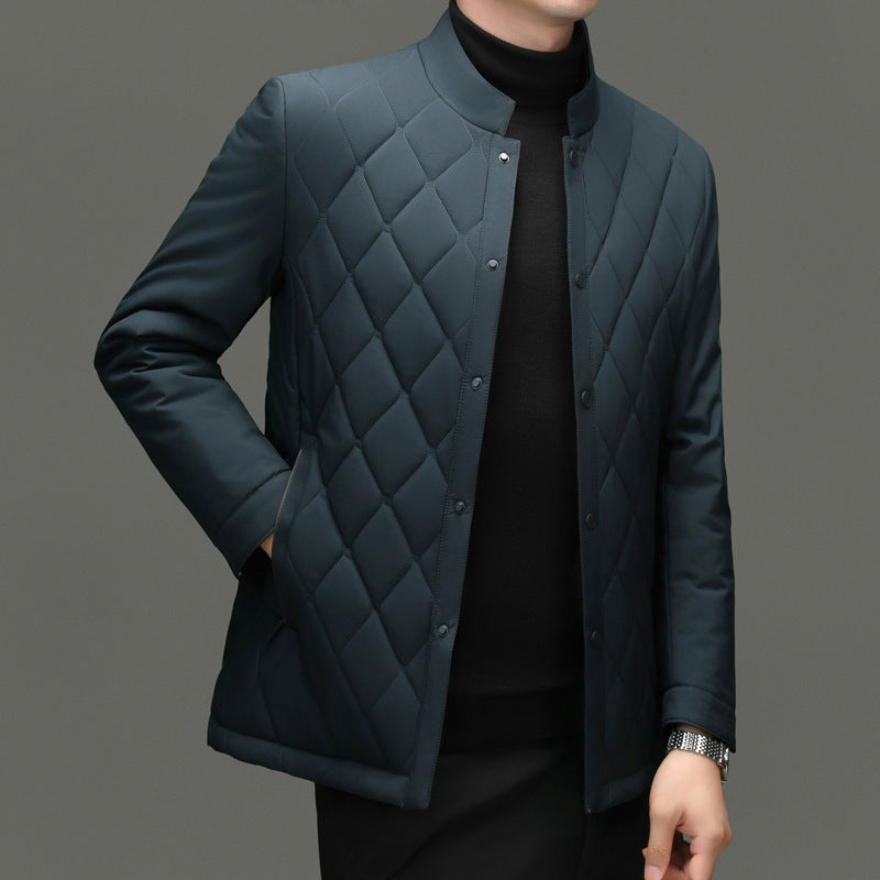 Men's Stand Collar Diamond Pattern Cotton Jacket Autumn and Winter Business Casual Warm Jacket Young and Middle-Aged Fashion Single-Breasted Top
