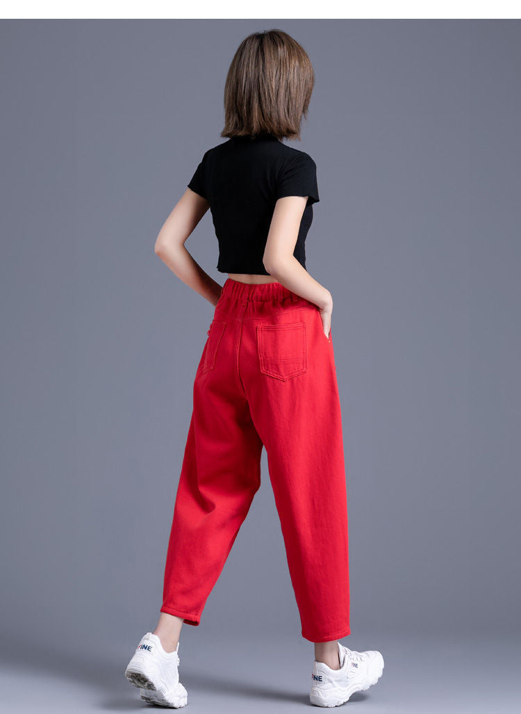 Red Ripped Distressed Jeans for Women, 2026 New Style, High-Waisted Dad Harem Pants, Slimming Carrot Pants for Women