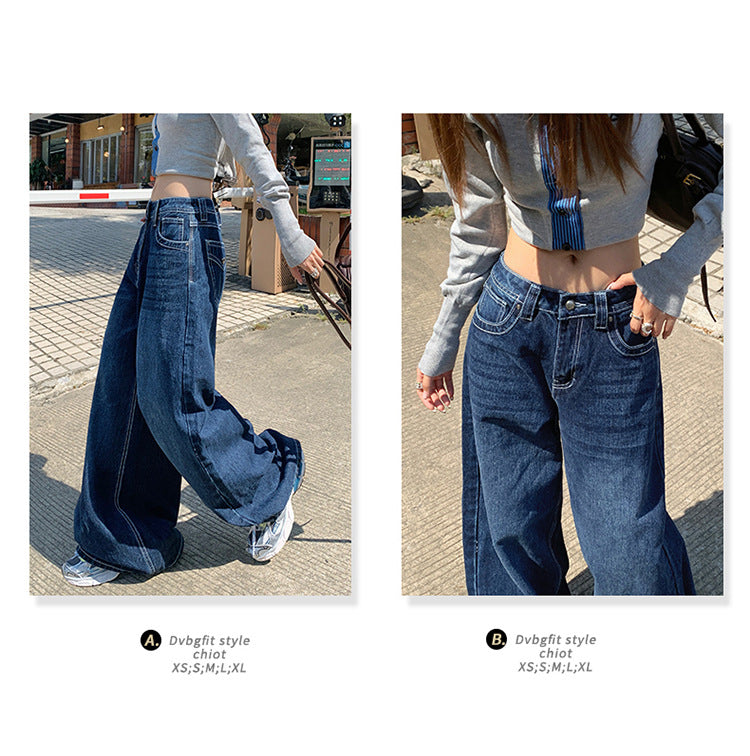 American-Style Dark Blue Wide-Leg Jeans for Women, 2025 Autumn New Straight High-Waisted Loose Slimming Lazy Floor-Length Pants