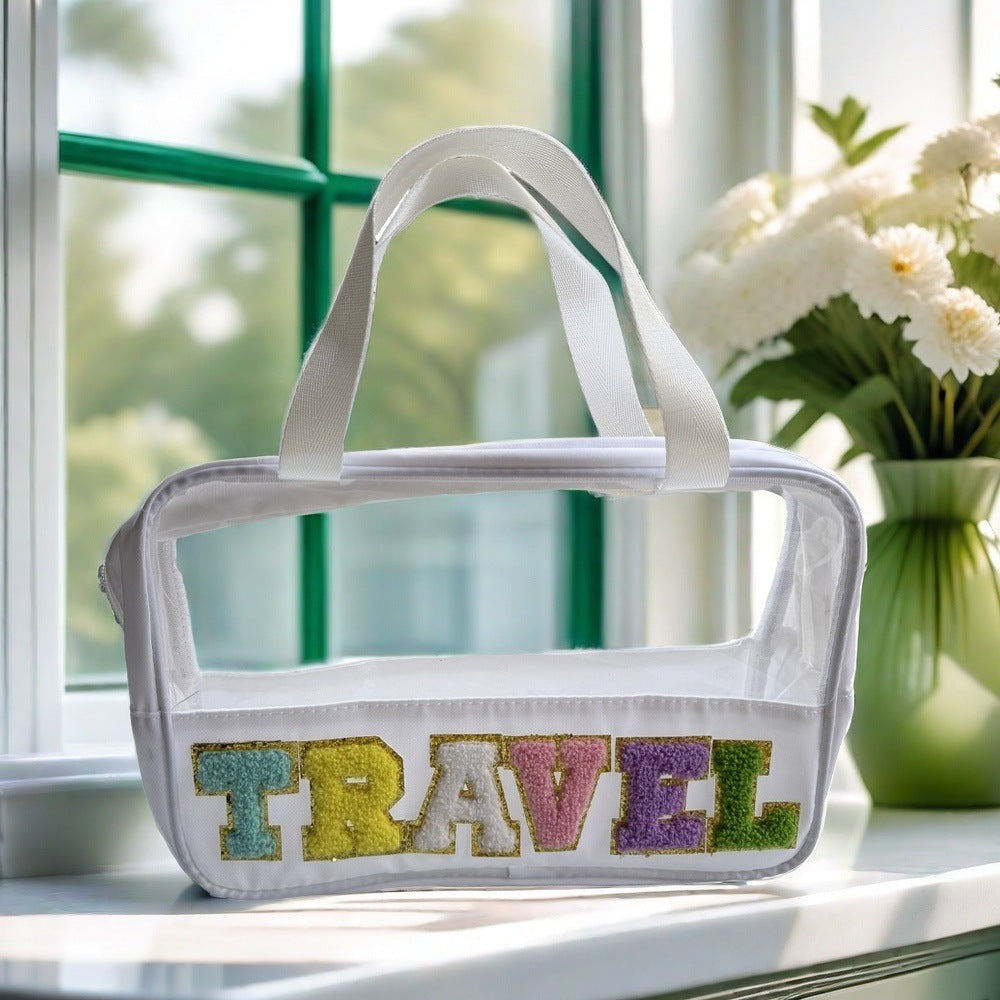 Amazon Cross Border Transparent PVC Handbag Embroidered Letters Storage Bag Large Capacity Travel Wash Bag