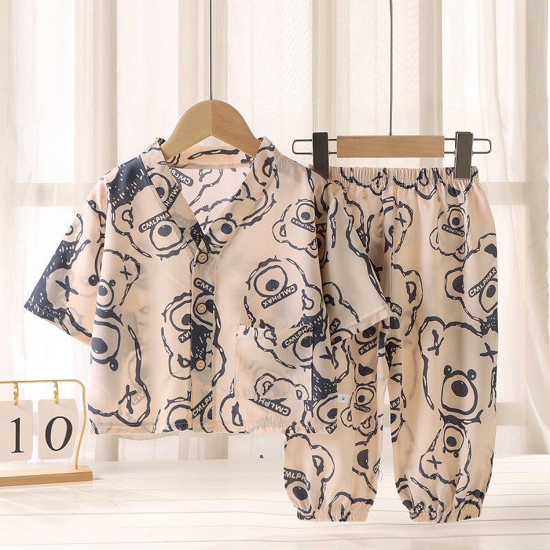 Children's Home Clothes Cotton Silk Suit Summer Boys and Girls Pajamas Artificial Cotton Two-Piece Set Cotton Silk Air-Conditioned Clothes Kidsren's Clothing