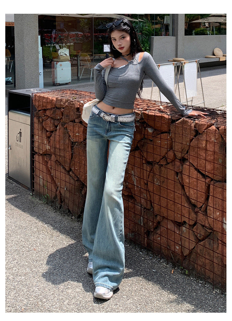 American Hot Girl Washed Retro Slim Jeans for Women Early Autumn New Versatile Fashionable and Comfortable Low-Waist Micro-Flared Pants
