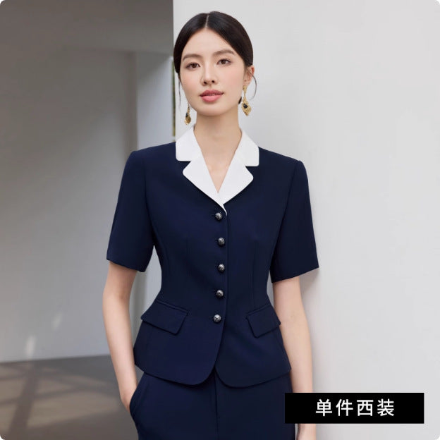 Summer New Navy Blue Short-Sleeved Professional Suit Suit Color-Blocked Suit Collar Single-Breasted Slim Slim Work Clothes