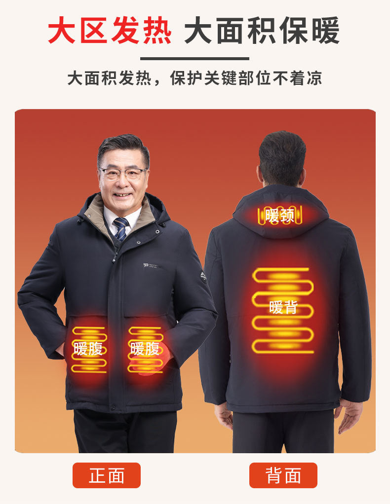 Factory Direct Supply Rechargeable Heated Cotton Jacket for Men, Fleece-Lined Thickened Hooded Coat, Middle-Aged and Elderly Warm Parka