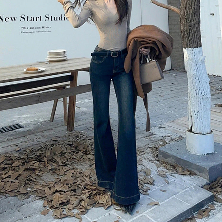 American Retro Flared Jeans for Women, Spring New Slim Fit Low-Rise Straight Cigarette Flared Pants Trendy