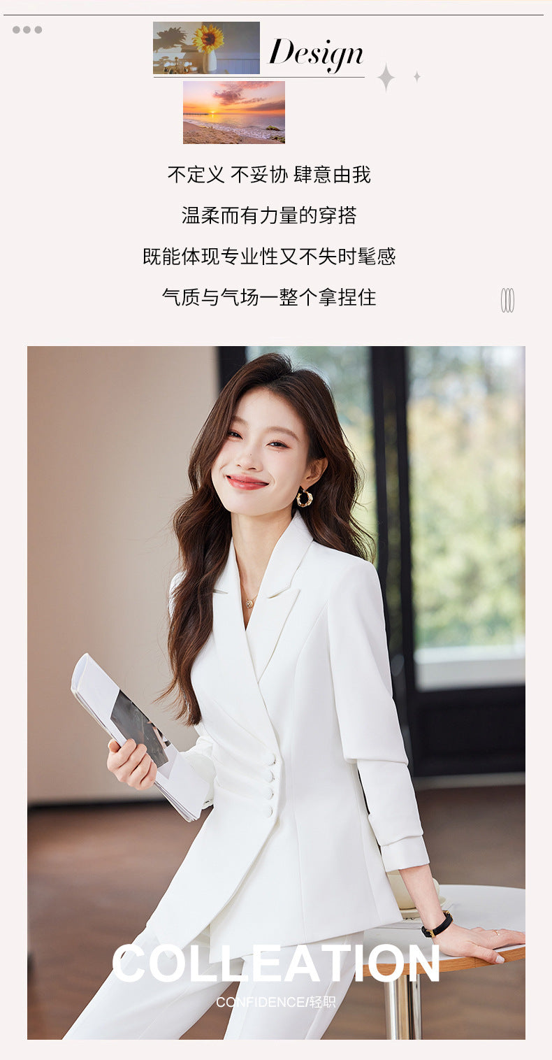 2025 Spring European and American Foreign Trade Green Slim Fit Small Suit Set Front Desk White Collar Workwear Wide-Leg Pants Suit Set