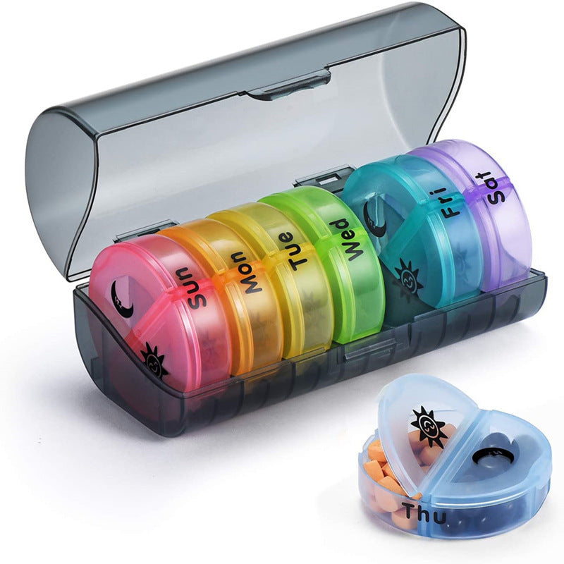 Seven days round box transparent color 14 grid medicine box detachable small size portable large capacity pp material packaging box