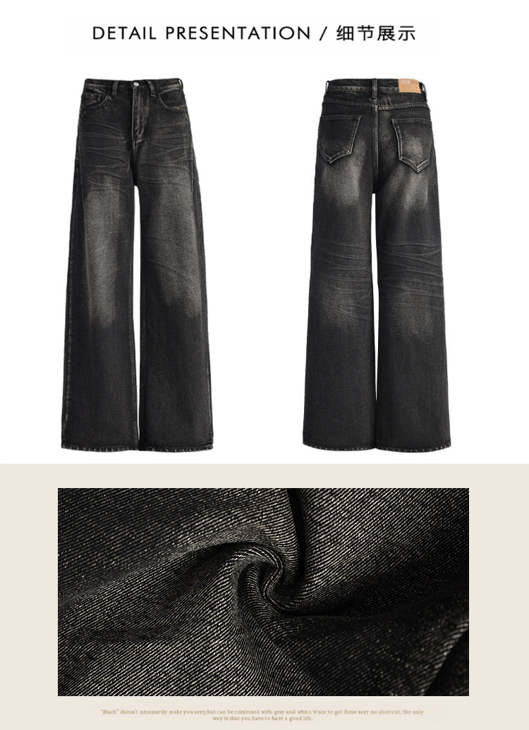 American Large Size Retro Black and Gray Jeans for Women Spring and Autumn New High-Waist Slim Straight Loose Wide-Leg Floor-Length Trousers