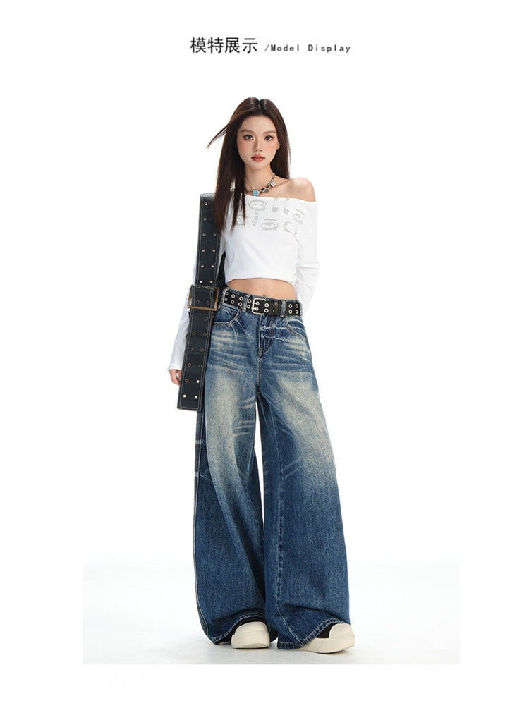 Raccoon House # High-Waisted Loose Whiskered Floral Heavy Craft Jeans for Women 2025 Autumn New Drape Slimming Floor-Length Pants