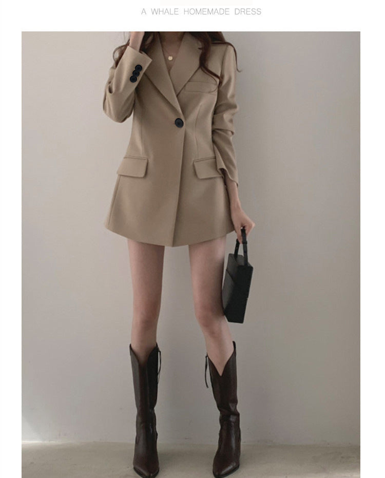 khaki Suit Jacket Women's Spring and Autumn Korean-style Ins Hong Kong-style Retro Top Tight Waist Slimming Mid-length Small Suit