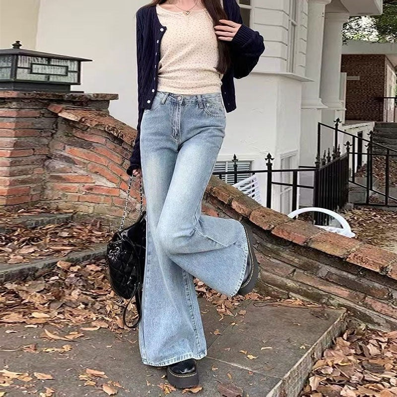 Light Blue Flared Jeans for Women, New Plus Size, Slimming Versatile High-Waisted Wide-Leg Pants with a Stylish Design