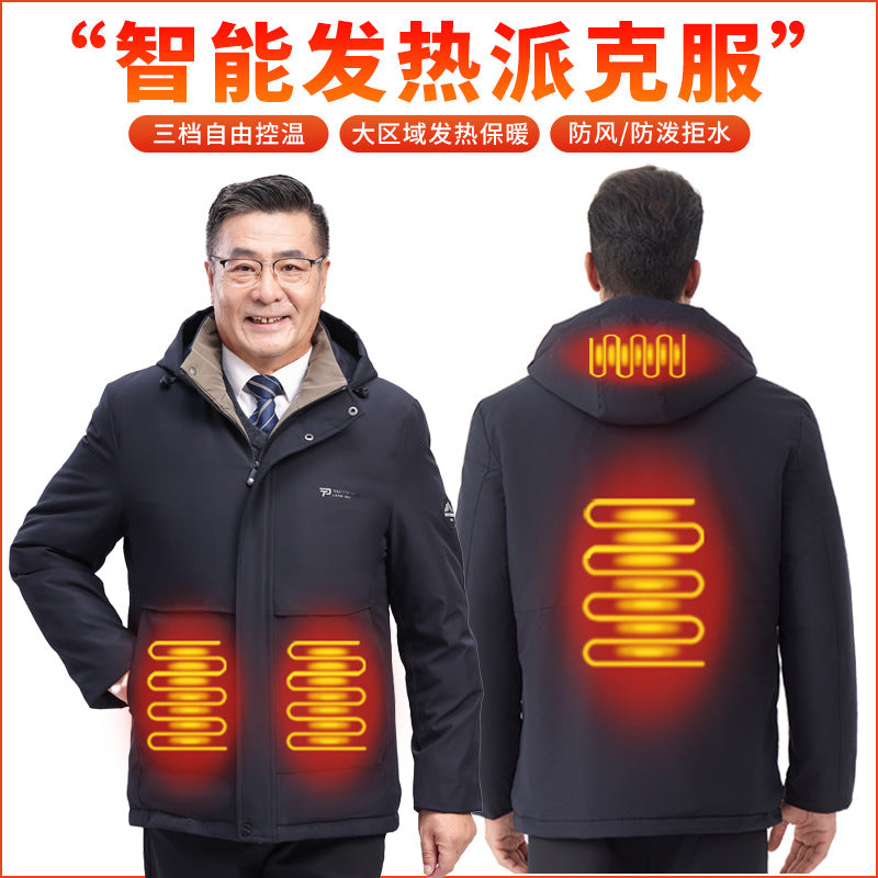 Factory Direct Supply Rechargeable Heated Cotton Jacket for Men, Fleece-Lined Thickened Hooded Coat, Middle-Aged and Elderly Warm Parka