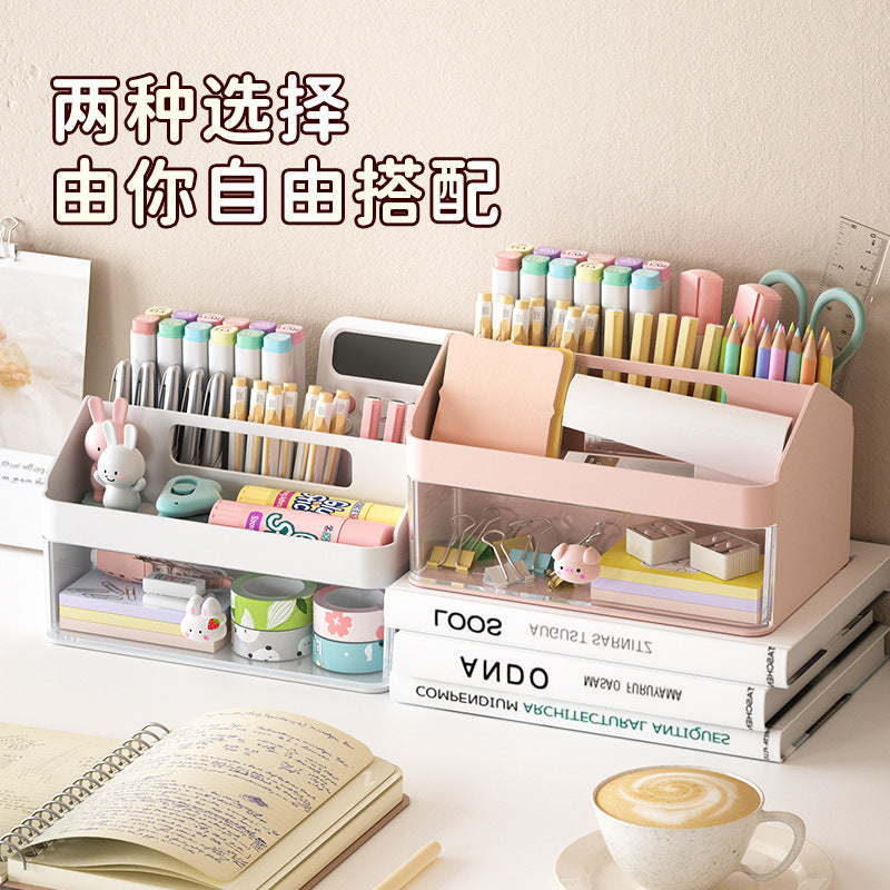 Pen Holder Storage Box, Cute Storage Box, Girly Pink Stationery Box, Pen Box, Multi-Functional, Large Capacity with Drawer